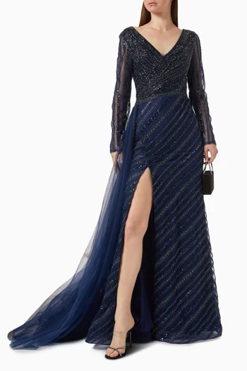 Embellished Long-sleeve Gown in Tulle