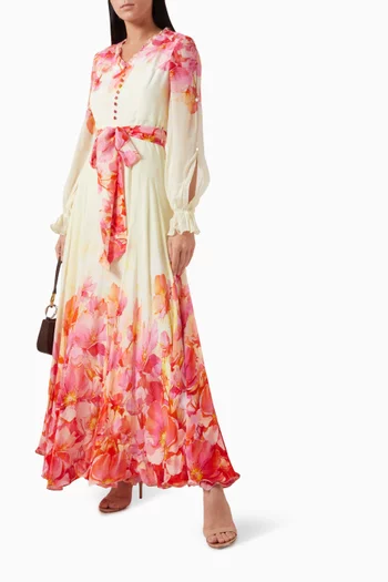 فستان طويل بحزام ونقشة زهور شيفون
