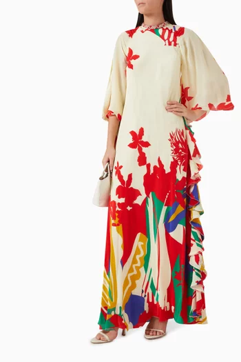 Printed Frill Maxi Dress in Crepe