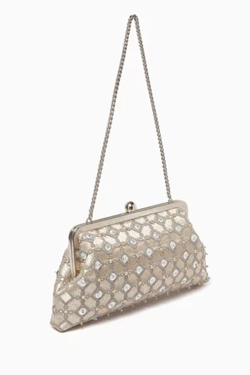 LOSANGE CLASSIC CLUTCH IN SYNTHETIC FABRIC WITH HAND EMBROIDERED GLASS BEADS AND SEQUINS AND DETACHABLE BRASS CHAIN:SILVER:One Size|217385842