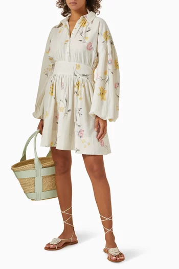Floral-print Mini Shirt Dress in Cotton-linen Blend