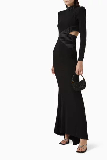 MESSAGE TO LOVE GOWN- FULLY LINED LONG SLEEVE JERSEY GOWN WITH STITCHED SATIN PANELS, SIDE BACK OPENING AND SHOULDER ACCENTS:BLK:8|217411945