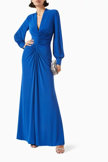 Balloon-sleeve V-Neck Gown in Stretch-jersey