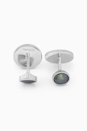 Cable Oval Cufflinks with Hematite in Sterling Silver