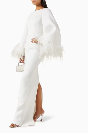 Feather-embellished Column Gown in Scuba