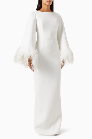 Feather-embellished Column Gown in Scuba