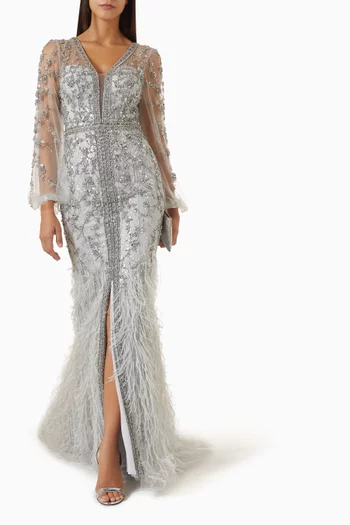 Feather & Crystal-embellished Maxi Dress in Tulle