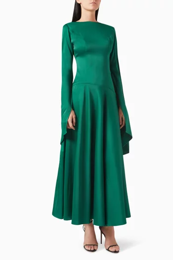 Elongated Long-sleeves Maxi Dress in Crepe Satin