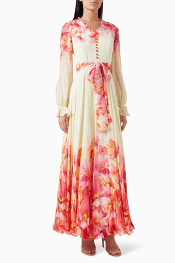 فستان طويل بحزام ونقشة زهور شيفون