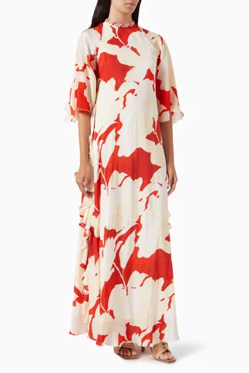 Printed Frill Maxi Dress in Crepe