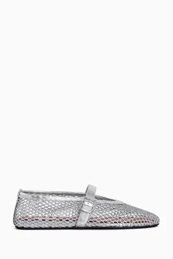 Mary Jane Ballet Flats in Laminated Leather & Fishnet