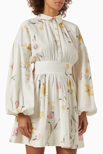 فستان بنمط قميص قصير بنقشة زهور مزيج قطن وكتان