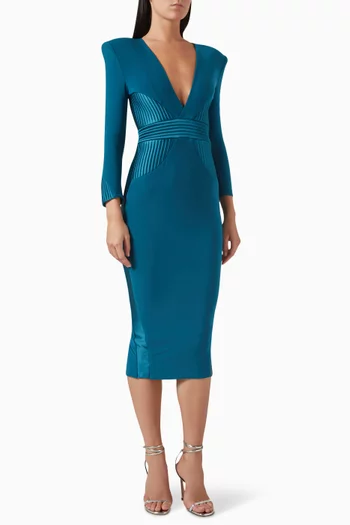 THE SECRET DRESS- JERSEY MID LENGTH DRESS WITH SATIN STITCHED WAIST AND SIDE PANELS & SHOULDER ACCENTS:Blue    :14|217412046
