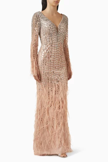 Feather-trim Gown