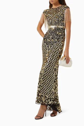 Sequin Fringe Gown in Mesh