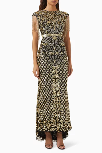 Sequin Fringe Gown in Mesh