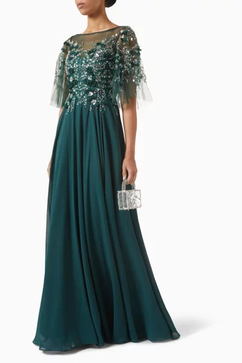 3D Floral-applique Cape Gown in Tulle & Chiffon