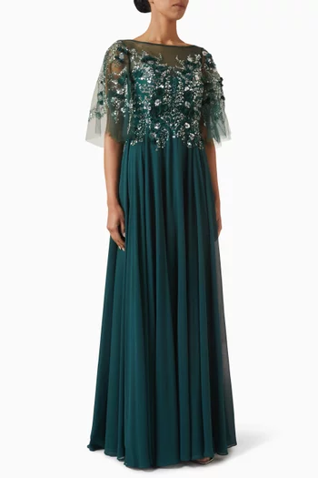 3D Floral-applique Cape Gown in Tulle & Chiffon