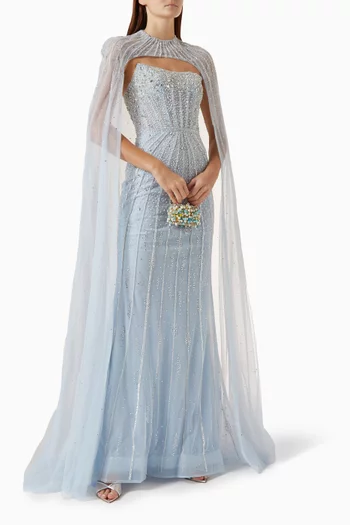 Bead-embellished Cape Dress in Tulle