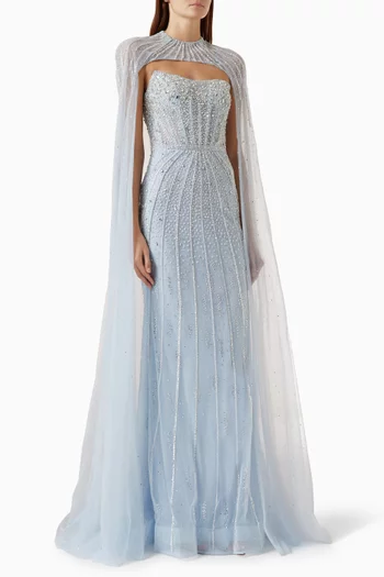 Bead-embellished Cape Dress in Tulle