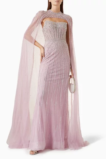 Bead-embellished Cape Dress in Tulle