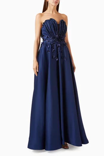 Strapless Floral Beaded Gown in Satin
