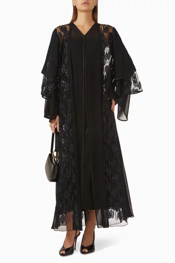 Beaded Applique Abaya in Tulle & Chiffon