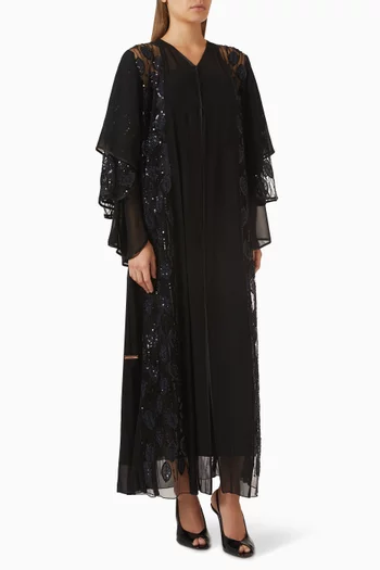Beaded Applique Abaya in Tulle & Chiffon