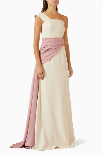 Draped One-shoulder Gown in Crepe & Satin