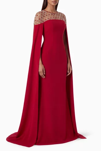 Embellished Cape Gown in Crepe