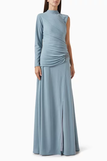Draped Slit Gown in Rib Jersey