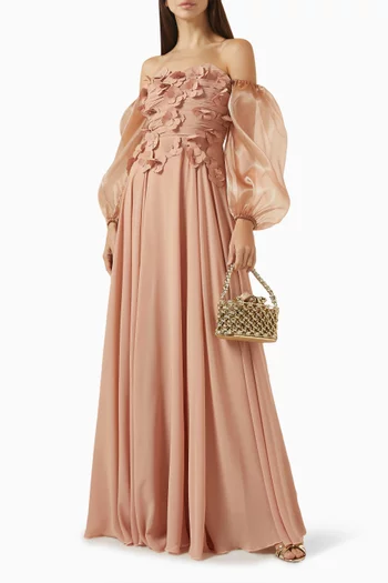 Off-shoulder Appliqué Gown in Chiffon & Organza