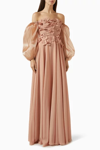 Off-shoulder Appliqué Gown in Chiffon & Organza