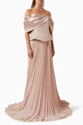 Embellished Off-shoulder Pleated Gown