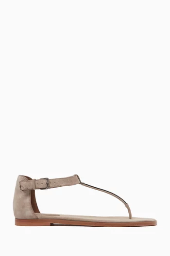 T-Strap Beaded Sandals in Calf Suede