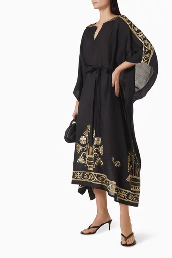 Embroidered Belted Midi Dress