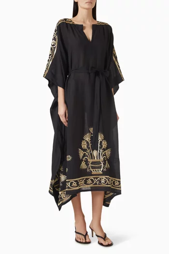 Embroidered Belted Midi Dress