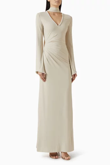 Pearl-embellished Pleated Scarf Dress