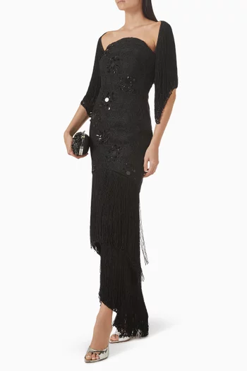Embellished Off-shoulder Fringe Gown