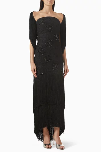 Embellished Off-shoulder Fringe Gown