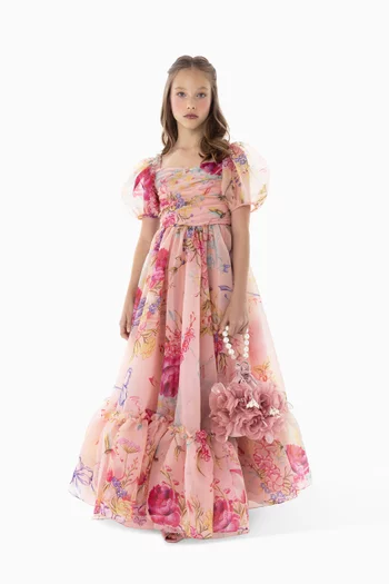 Floral-print Puffed-sleeves Dress