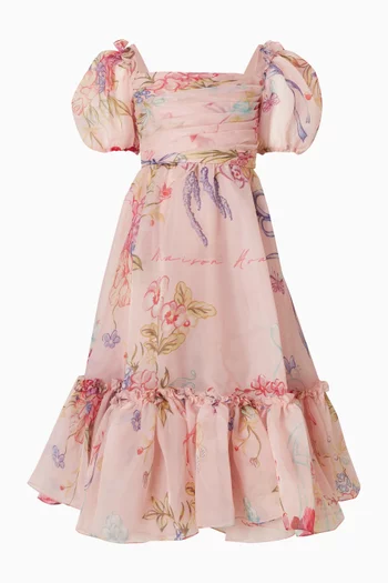 Floral-print Puffed-sleeves Dress