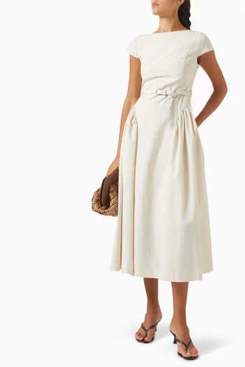 Gaia Boat-neck Belted Midi Dress in Cotton-blend