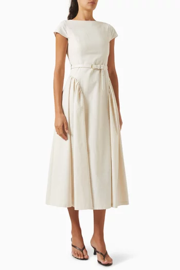 Gaia Boat-neck Belted Midi Dress in Cotton-blend