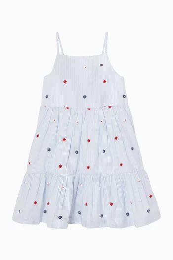 Junior Girl Floral Embroidery Stripe Fit & Flare Dress in Cotton