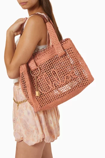 Medium Summer Banana Tote Bag in Raffia & Calfskin