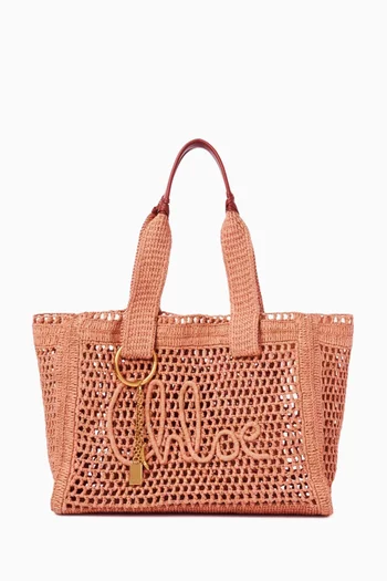 Medium Summer Banana Tote Bag in Raffia & Calfskin