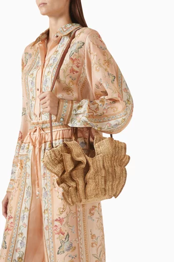 Small Goldentime Ruffle Tote Bag in Raffia