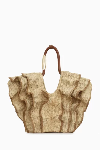 Small Goldentime Ruffle Tote Bag in Raffia