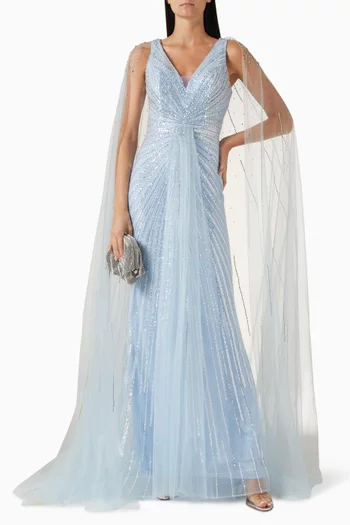 Embellished Cape Gown in Tulle